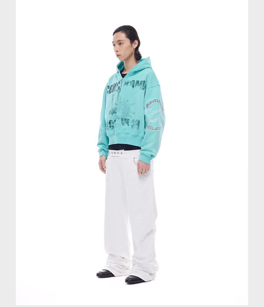 Wash-Damaged Embroidered Hoodie