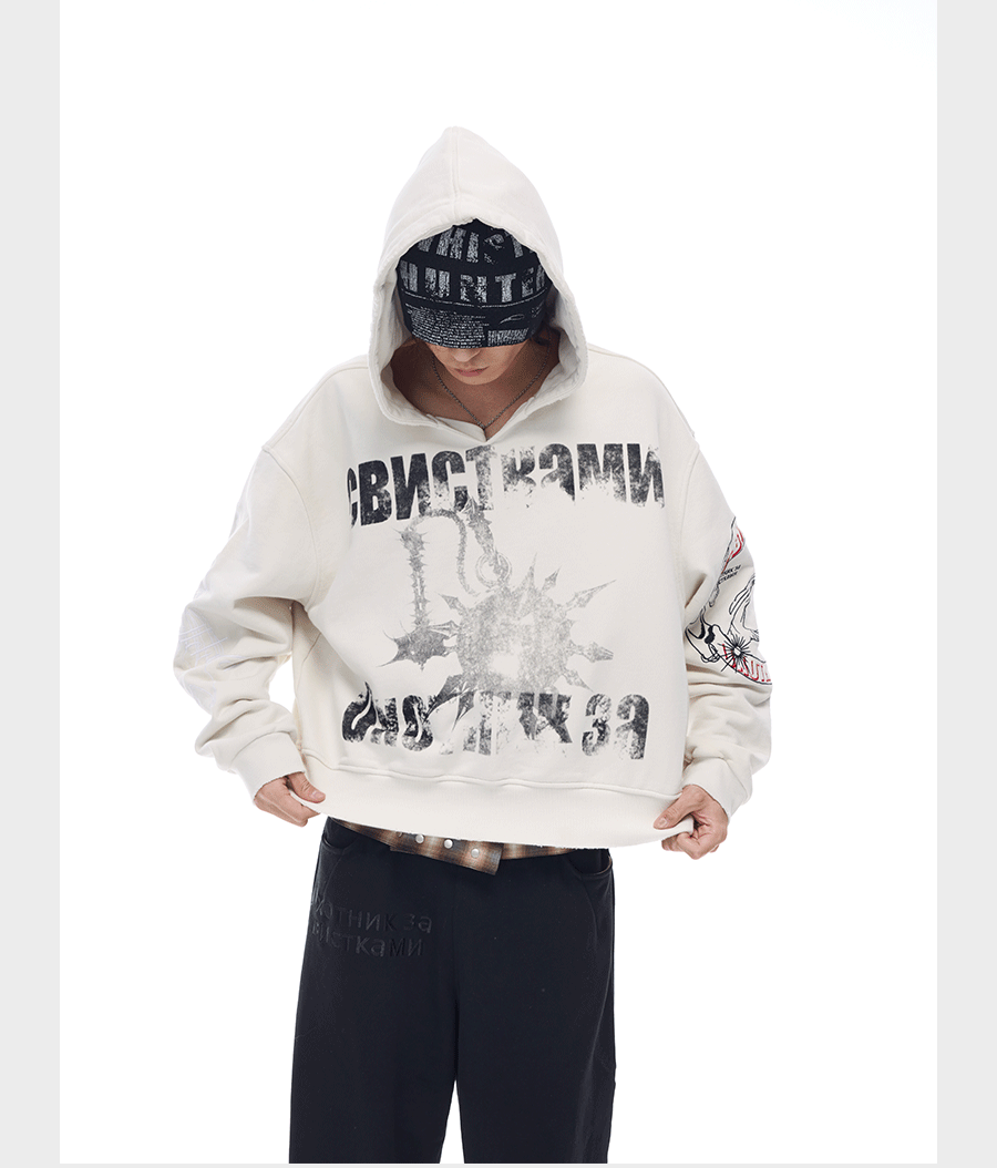 Wash-Damaged Embroidered Hoodie