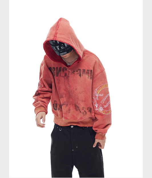 Wash-Damaged Embroidered Hoodie