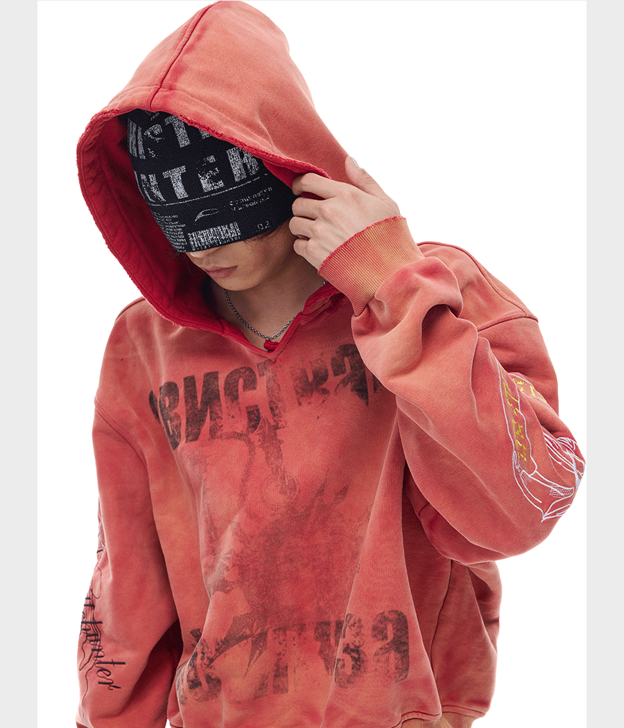 Wash-Damaged Embroidered Hoodie