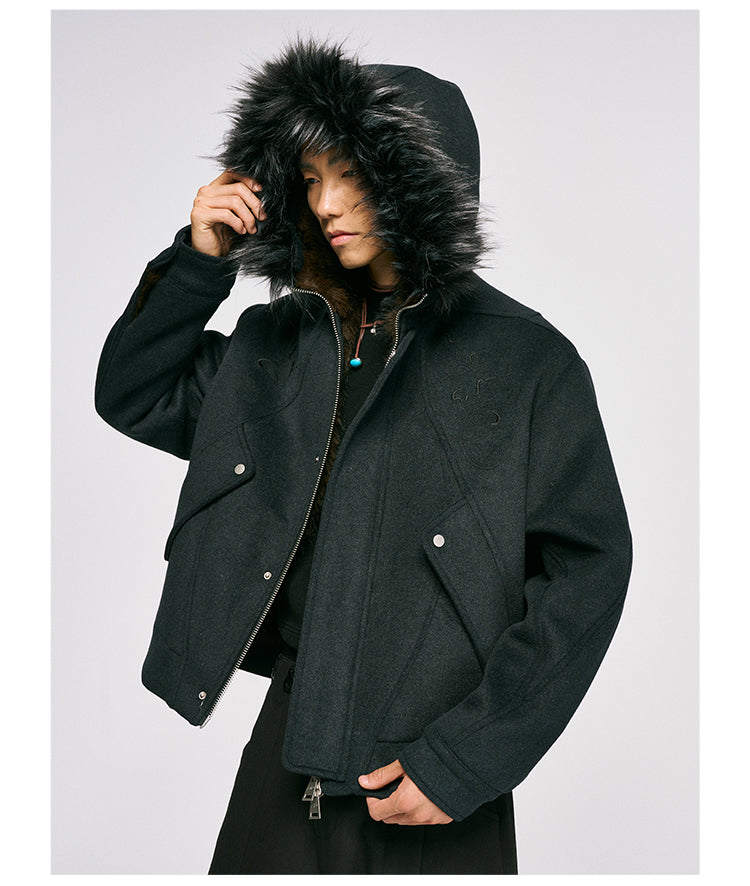 Wool jacket with fur hood