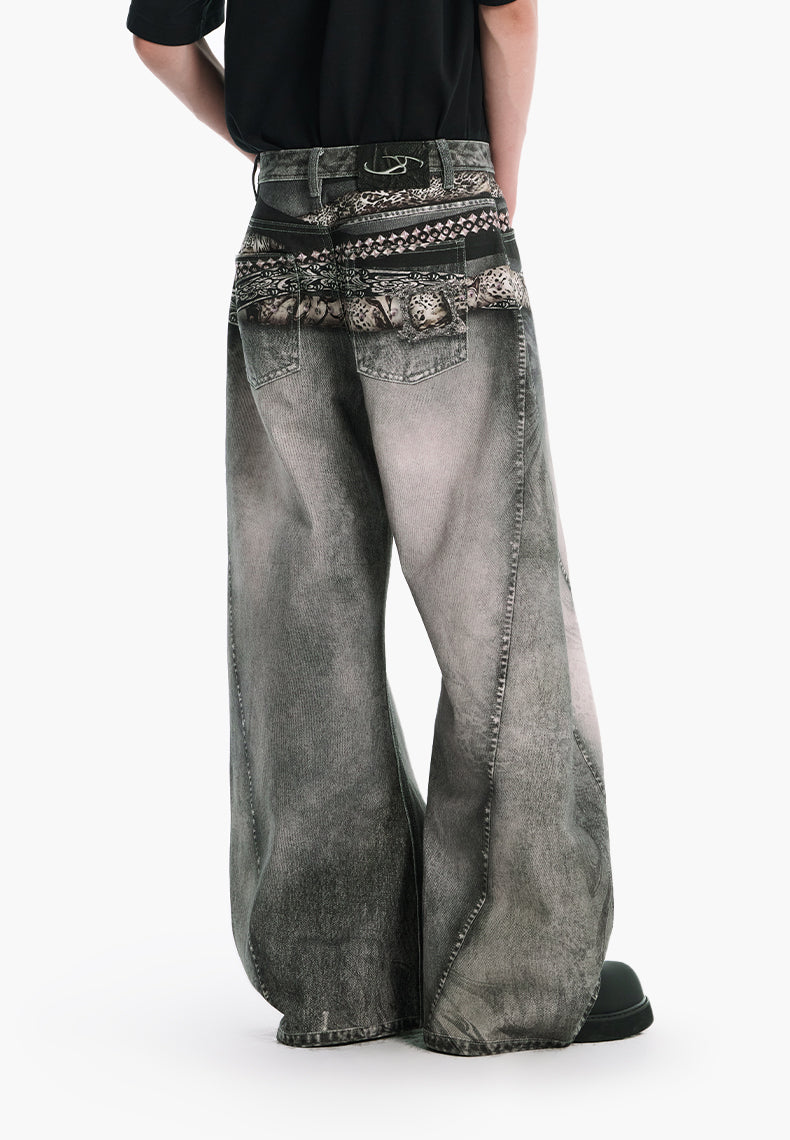 Belt print denim pants