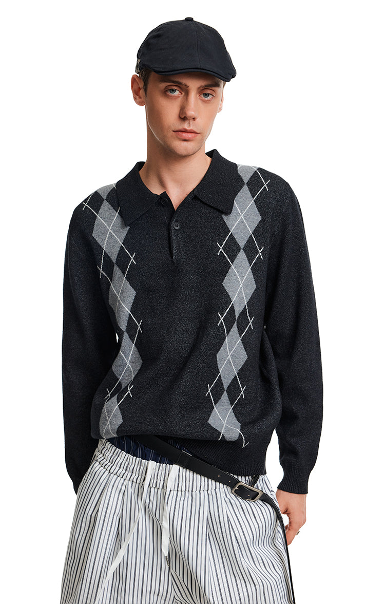 Contrast Color Diamond Knit Sweater