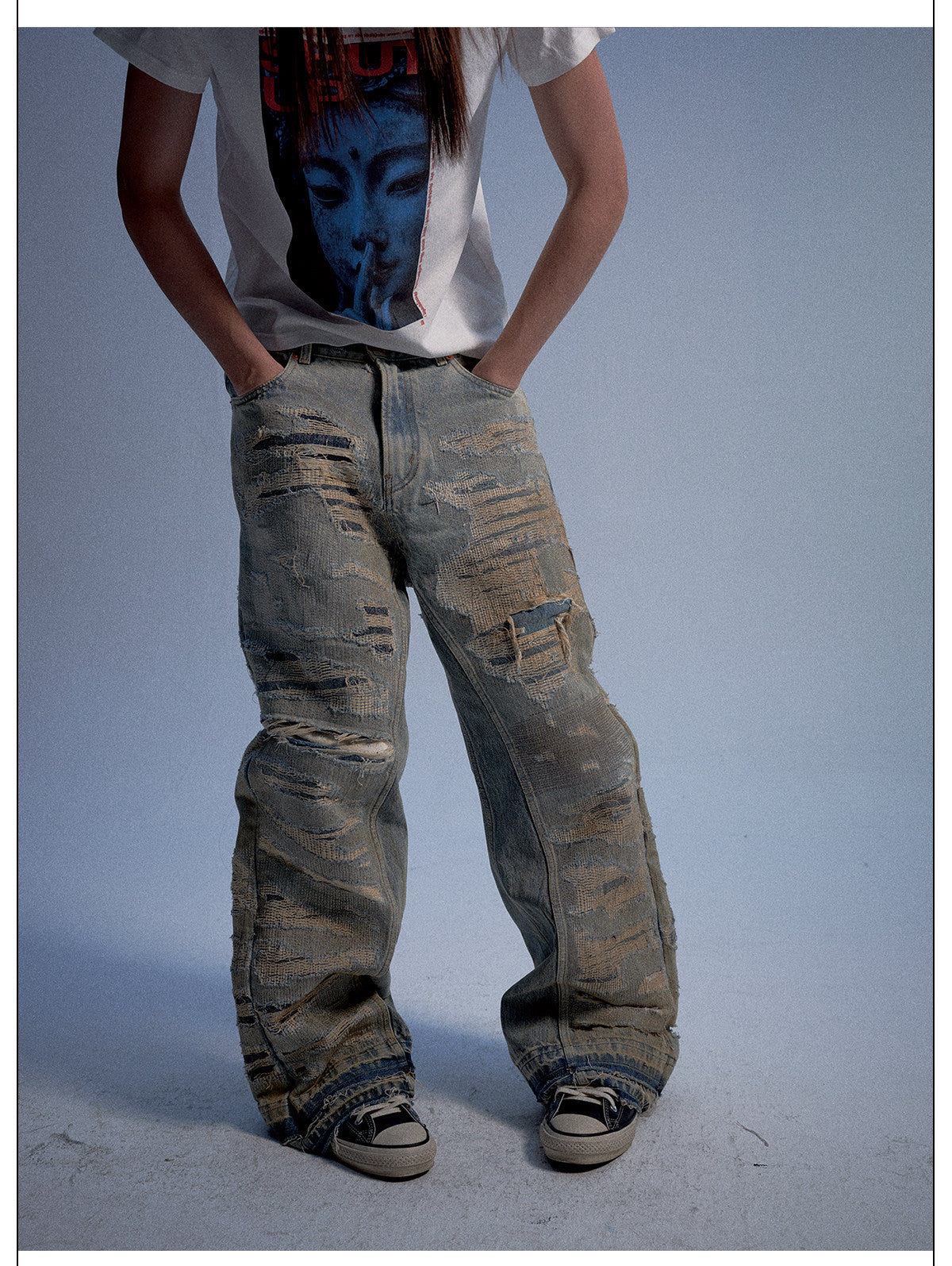 Vintage-Style Washed Wide-Leg Denim Pants