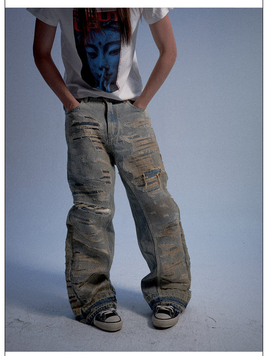 Vintage-Style Washed Wide-Leg Denim Pants