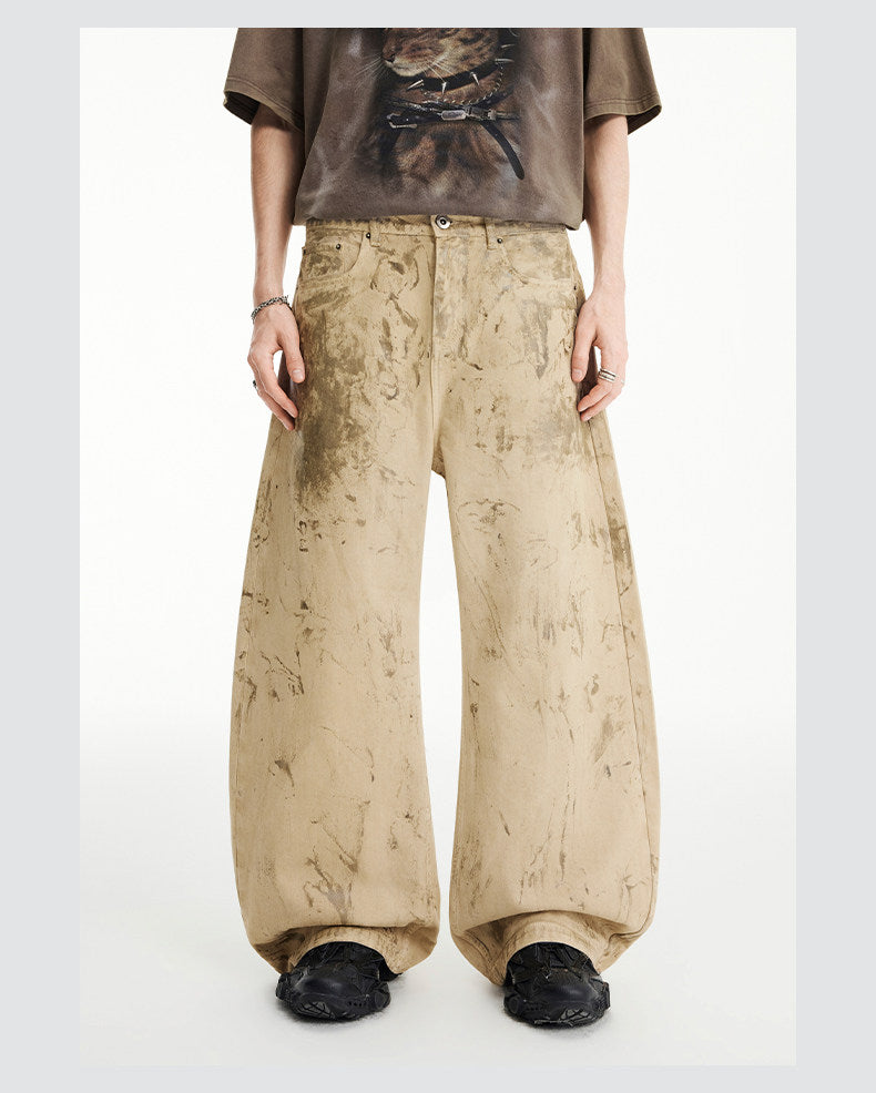 Wide-Leg Casual Pants with Oil-Wax Finish