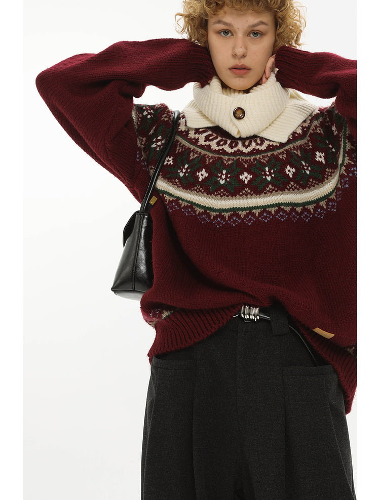 Lazy Retro Color Jacquard Crewneck Sweater