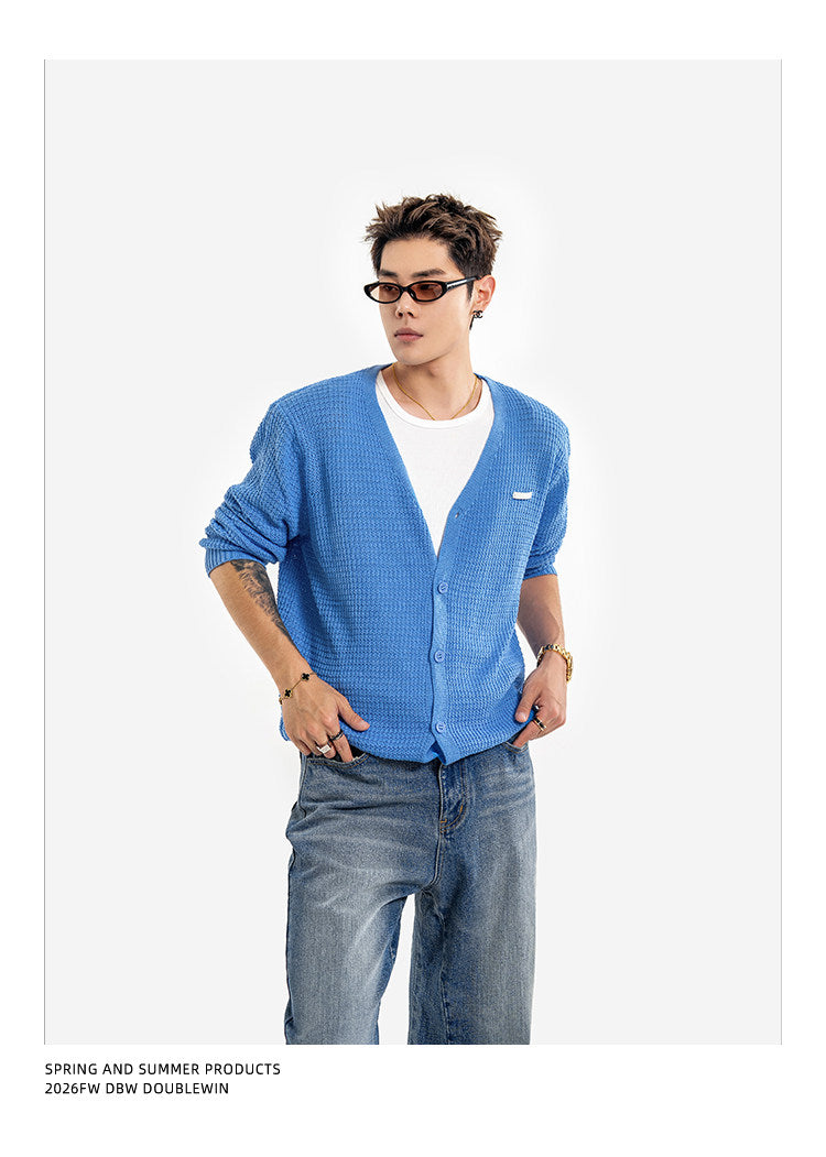 Waffle-Knit Wool V-Neck Knit Cardigan