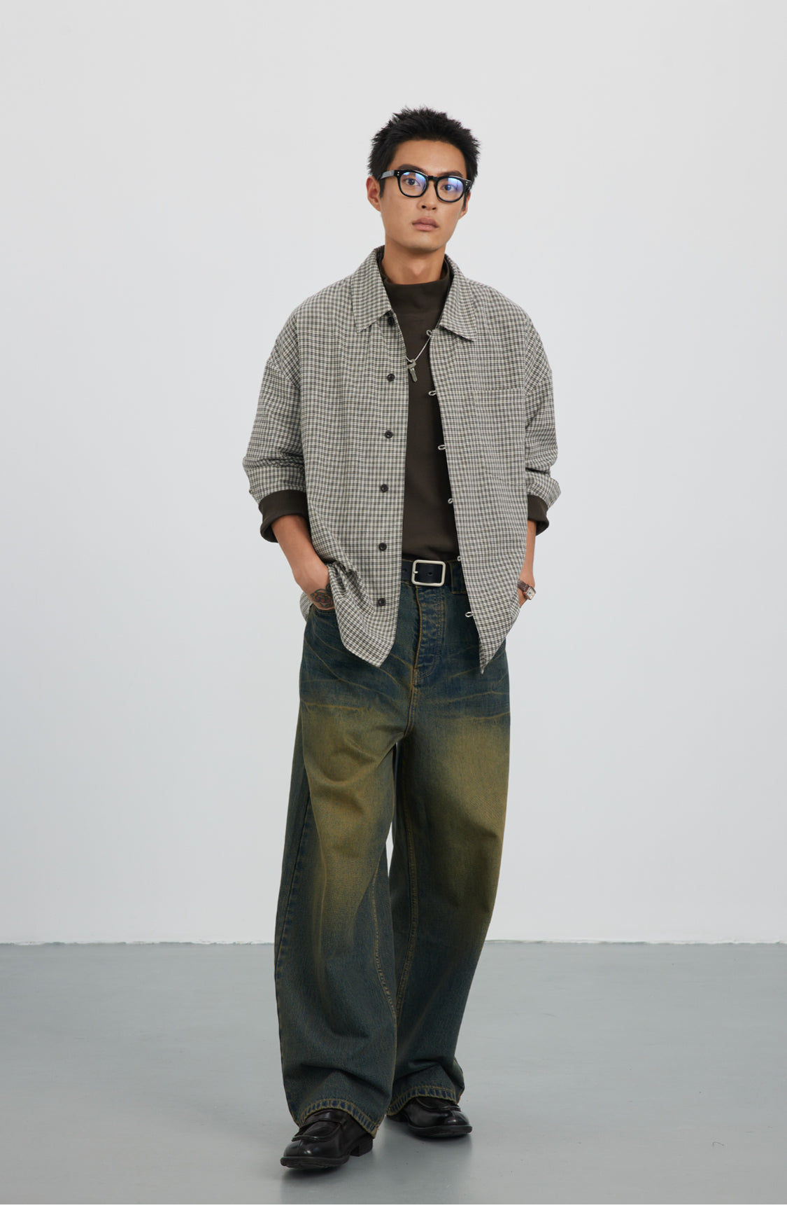 Straight Button Retro Fine Check Shirt