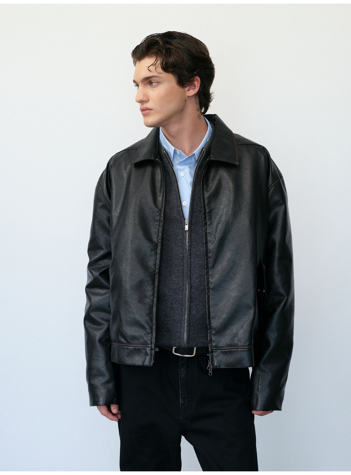 Boxy Short Leather Jacket with Simple Wash Finish
