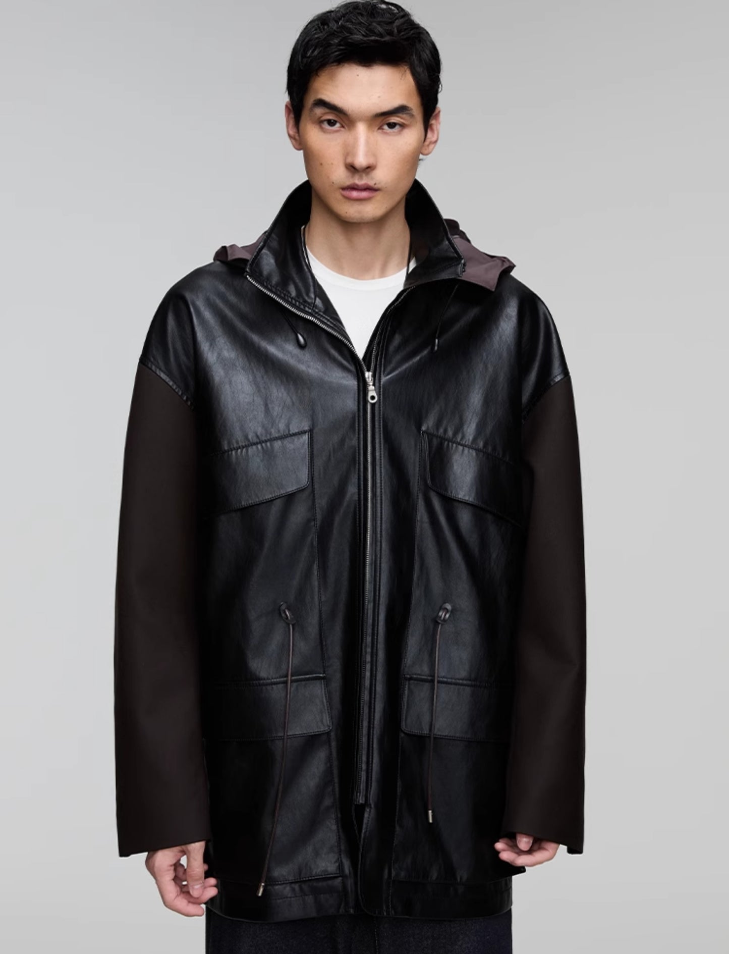 Leather jacket with detachable hood