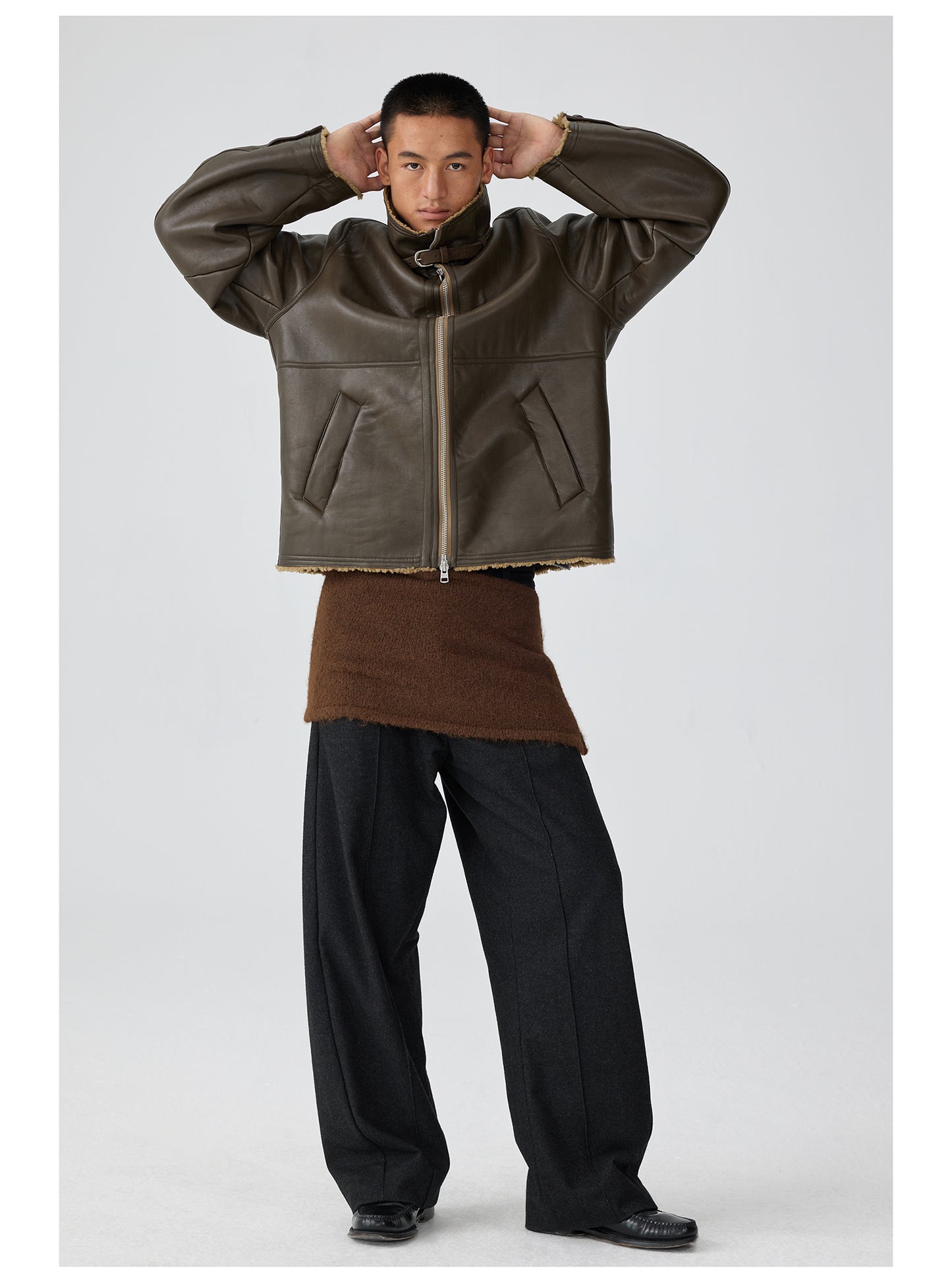 Double waistband wool casual pants