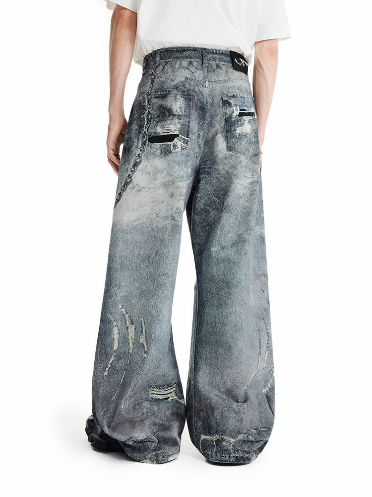 Lipid Print Washed Denim Pants