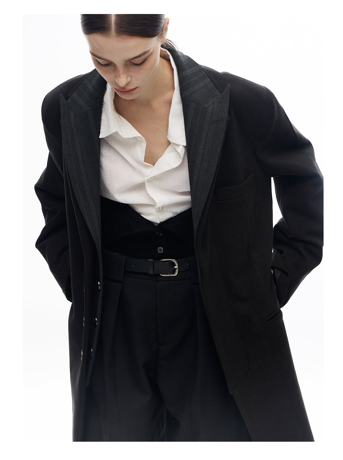 Double collar faux two-piece wool coat