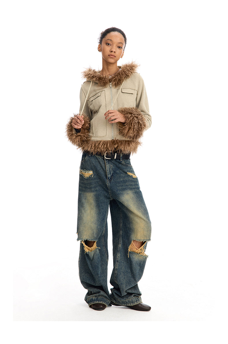 Short fur zipper jacket