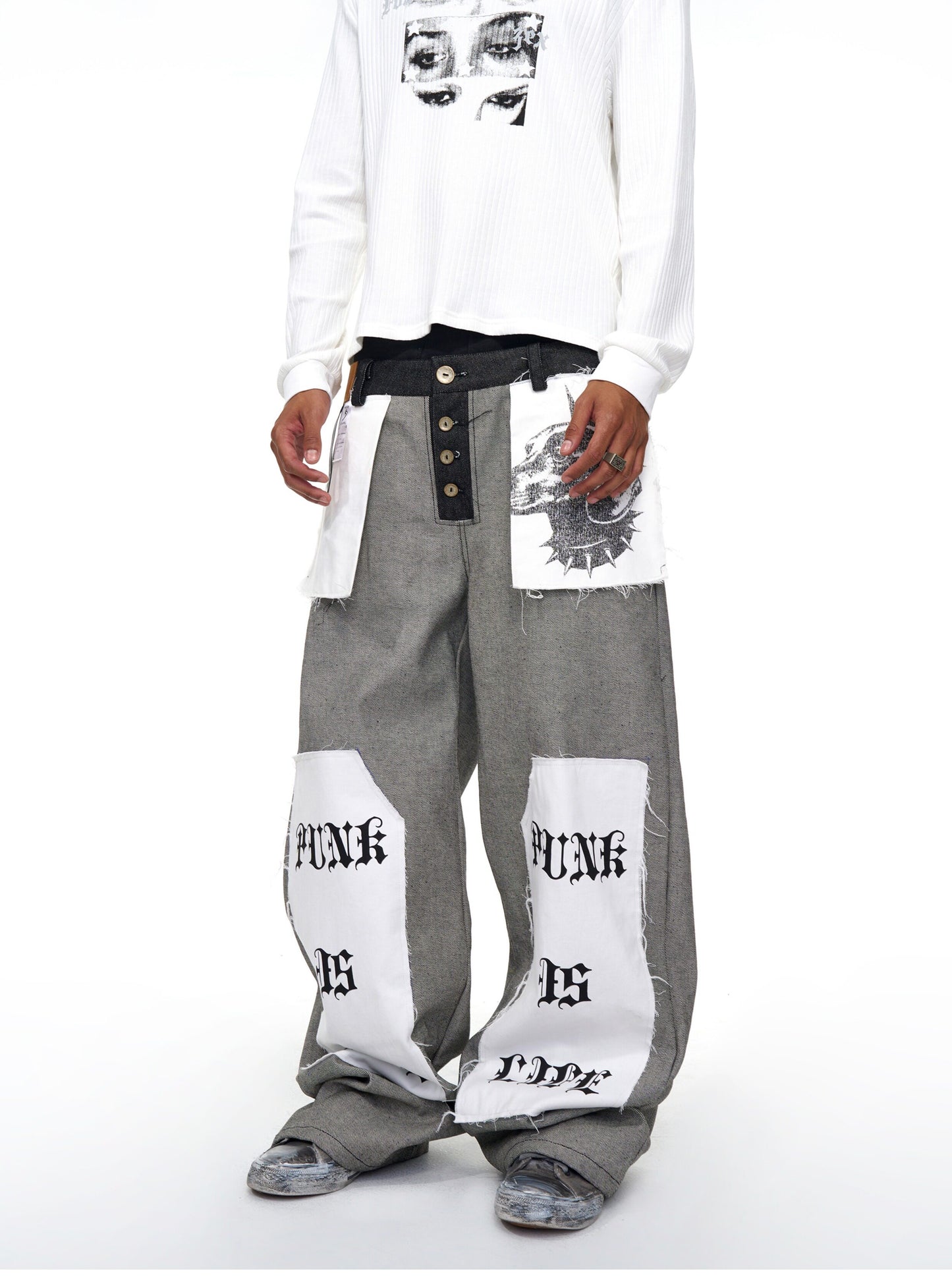 Niche Print Letter-Print Wide-Leg Jeans