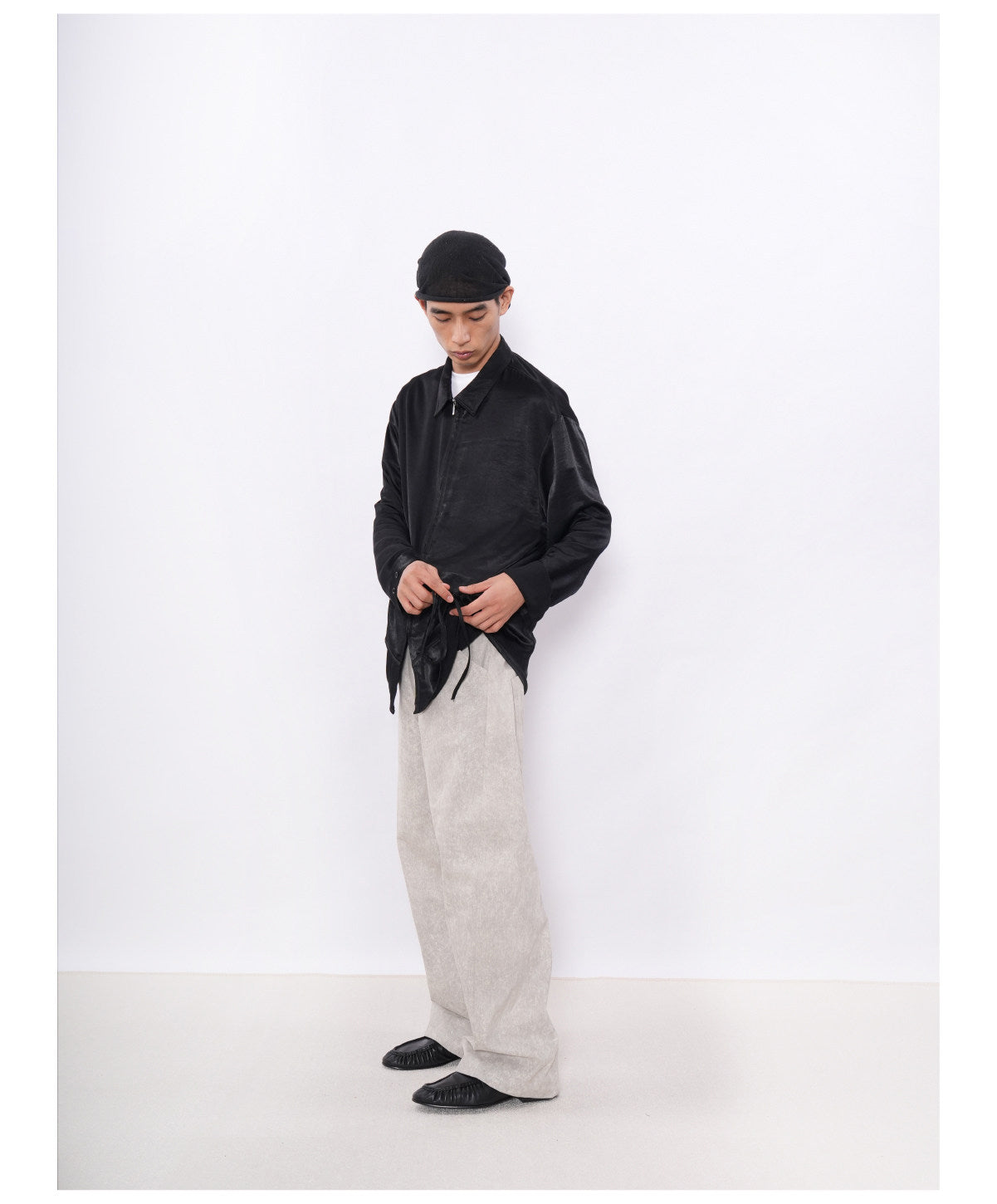 Shiny Side-Drawstring Zipper Shirt