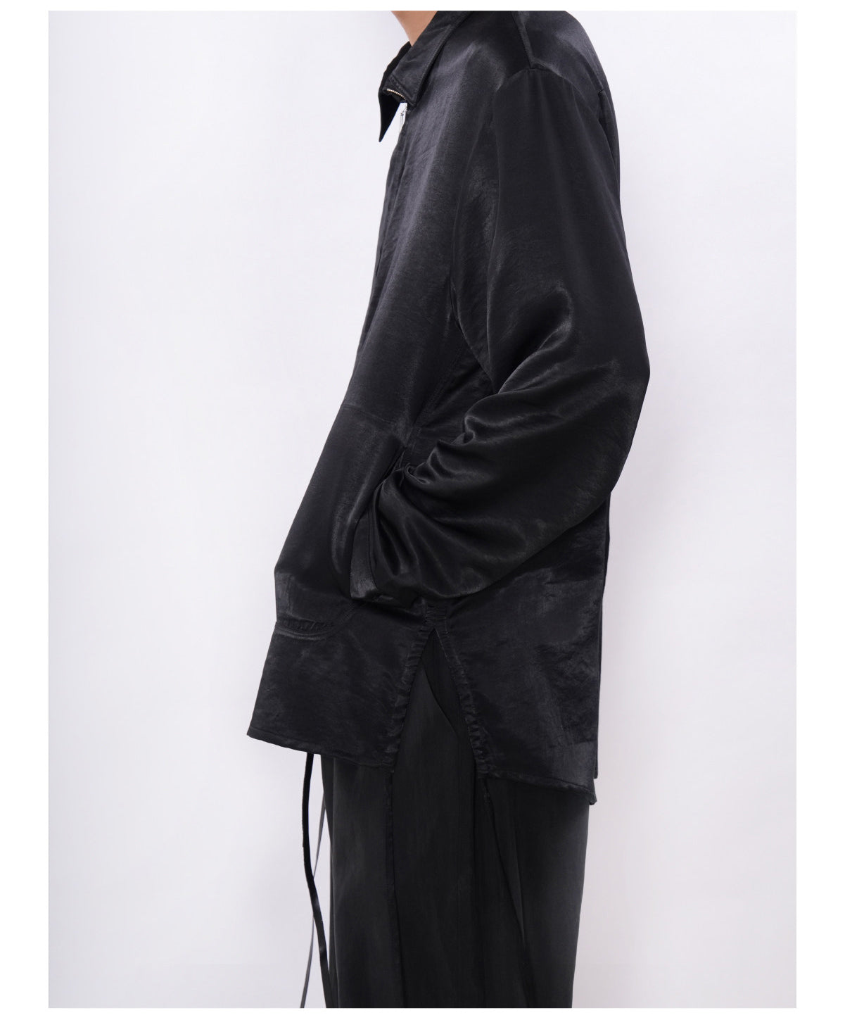 Shiny Side-Drawstring Zipper Shirt