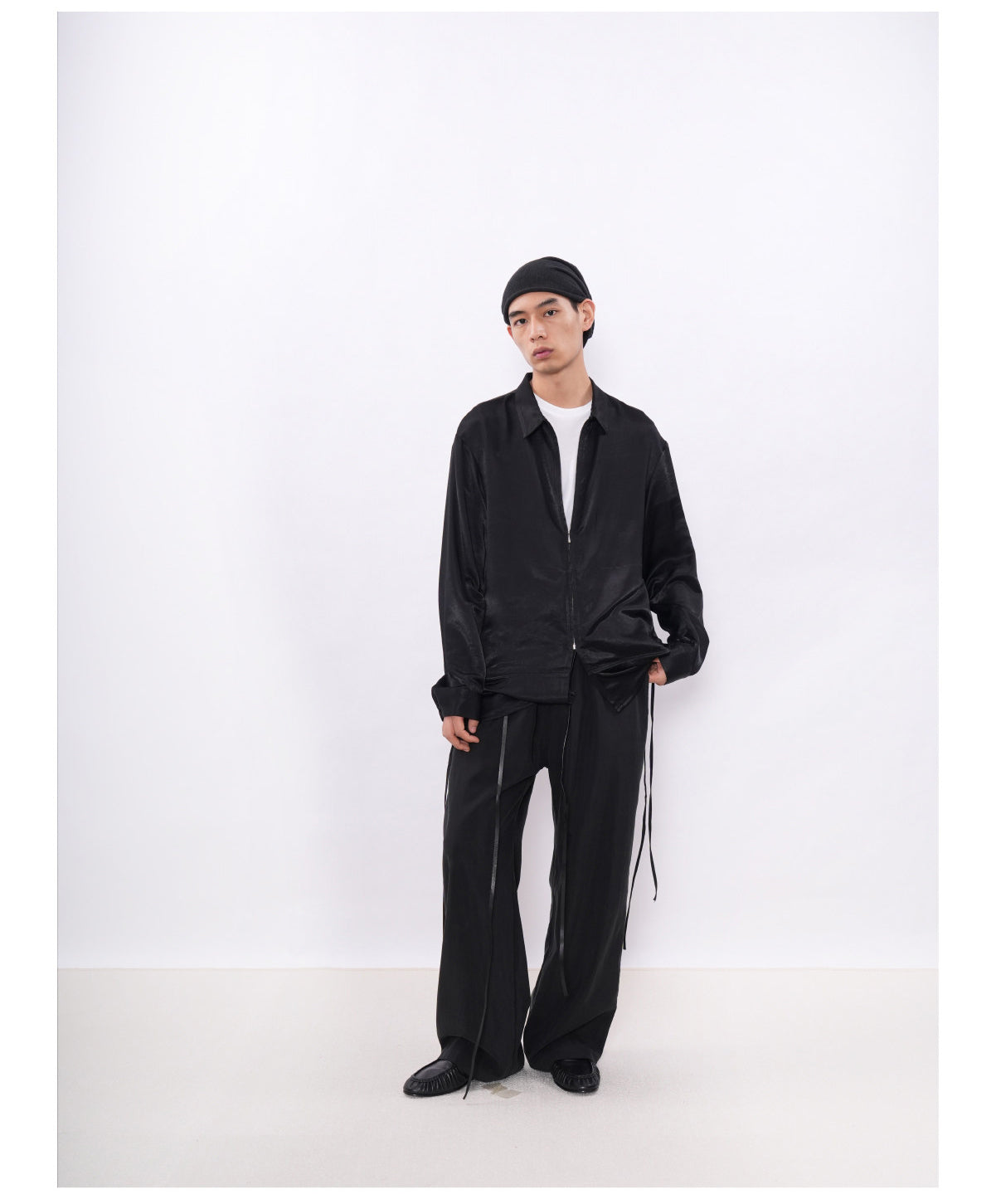 Shiny Side-Drawstring Zipper Shirt