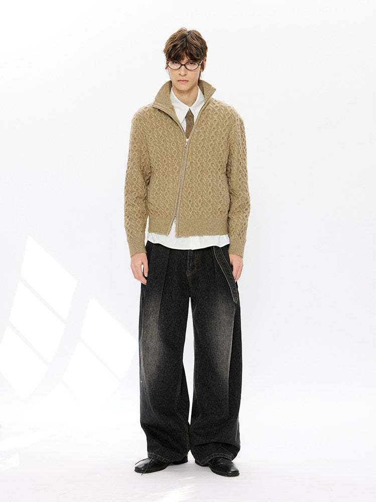 Diagonal Zipper Cable-Knit Cardigan