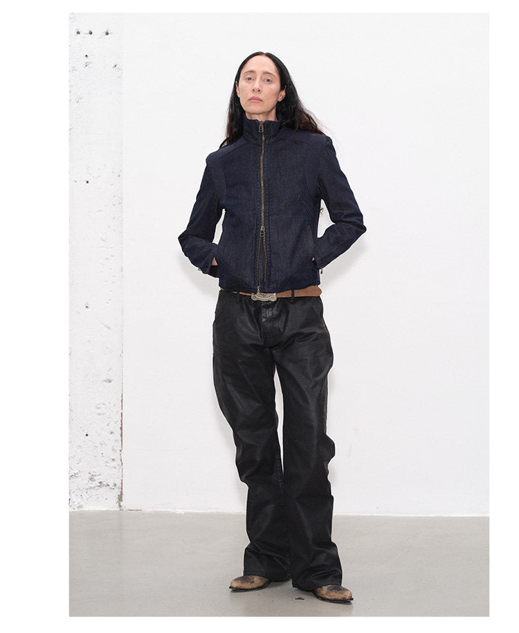 Double Zipper Slim Fit Raw Denim Jacket