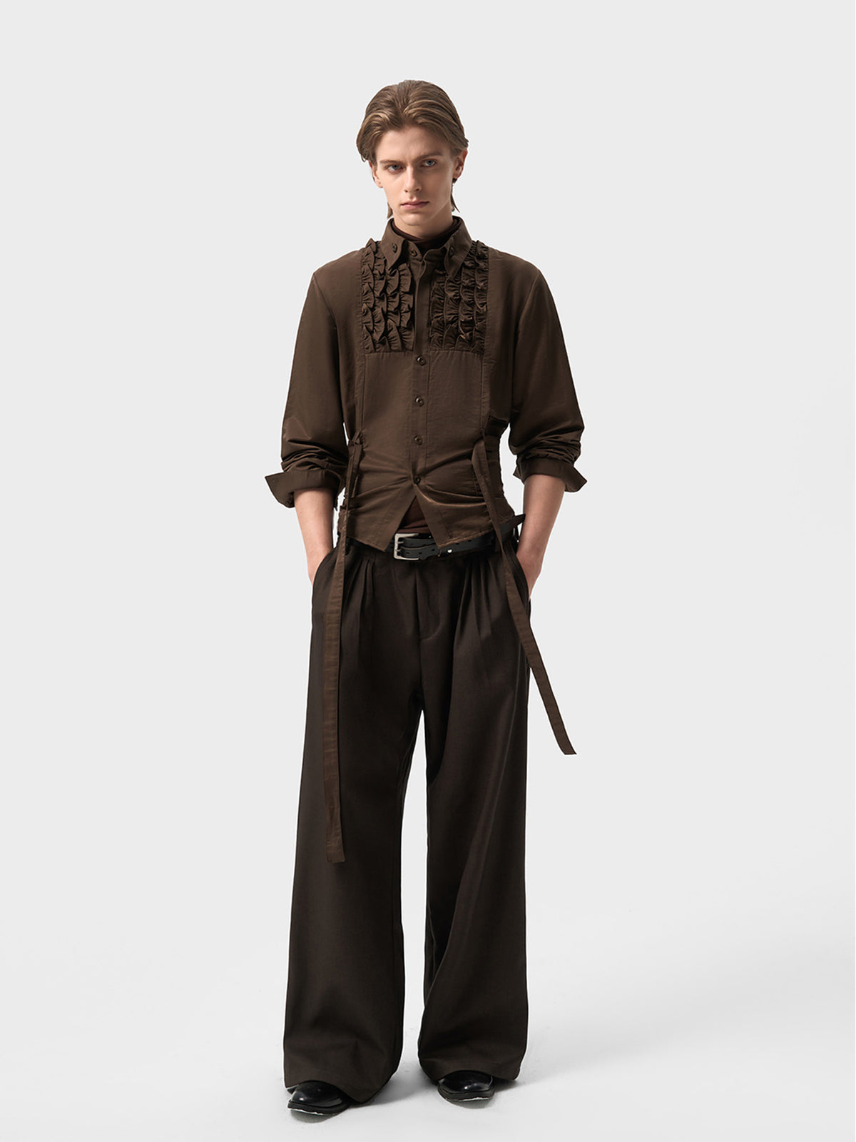 Copper Satin Silk Frilled Waist Shirt