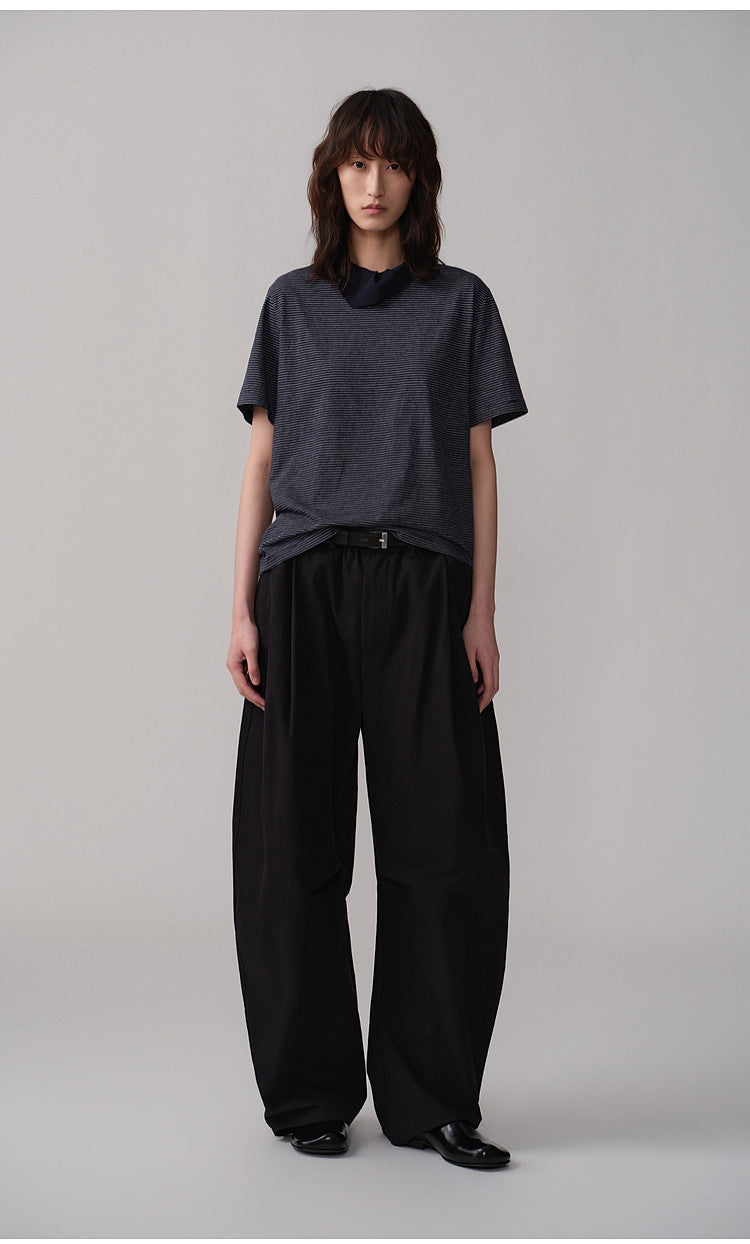 carf-Collar Striped T-Shirt