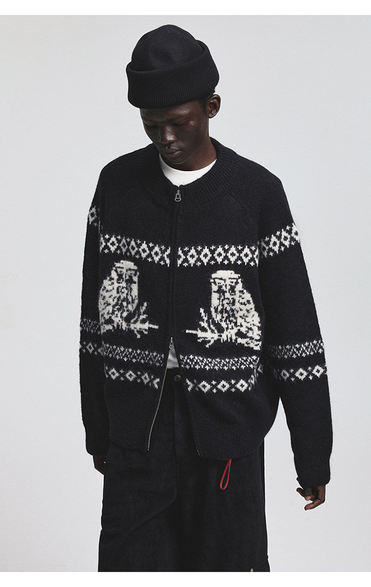 Vintage Animal Jacquard Zipper Cardigan