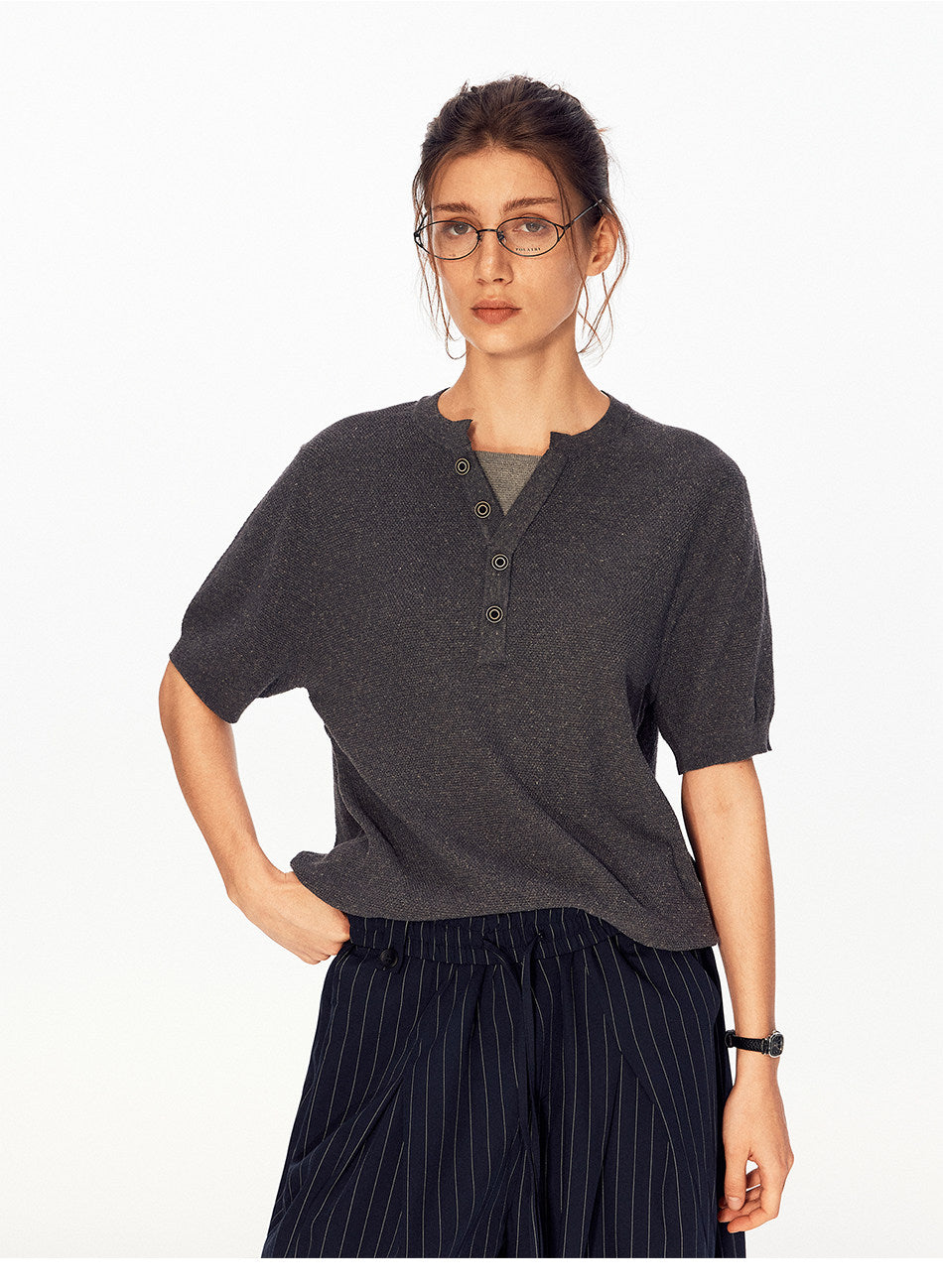 Solid-Color Faux Two-Piece Knit Shirt