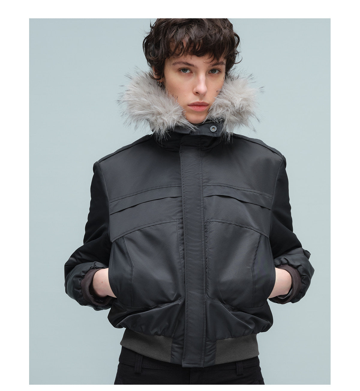 Short Bomber Jacket with Detachable Fur Collar