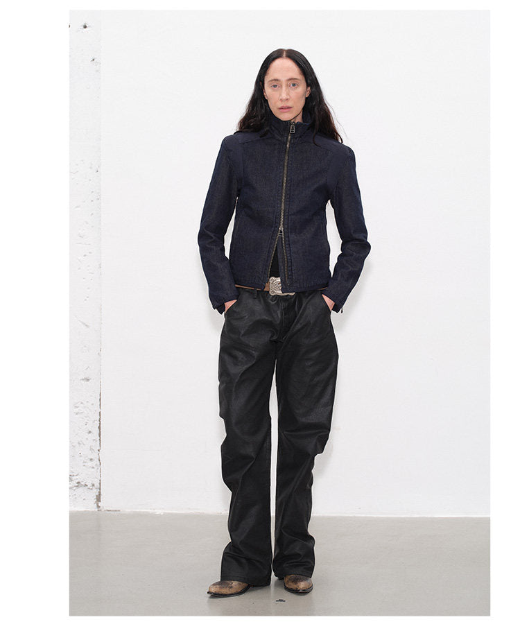 Double Zipper Slim Fit Raw Denim Jacket