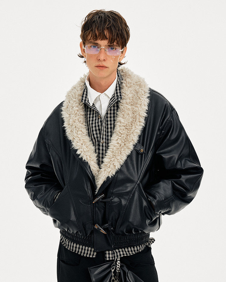 Horn Button Fur Collar Leather Jacket