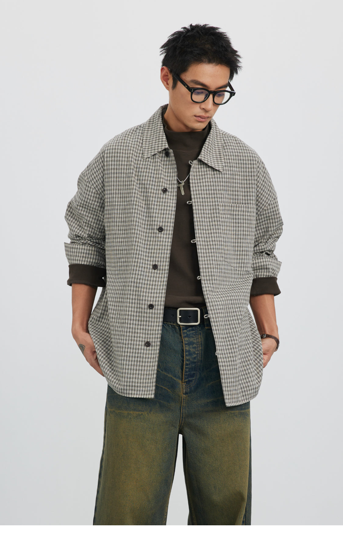 Straight Button Retro Fine Check Shirt