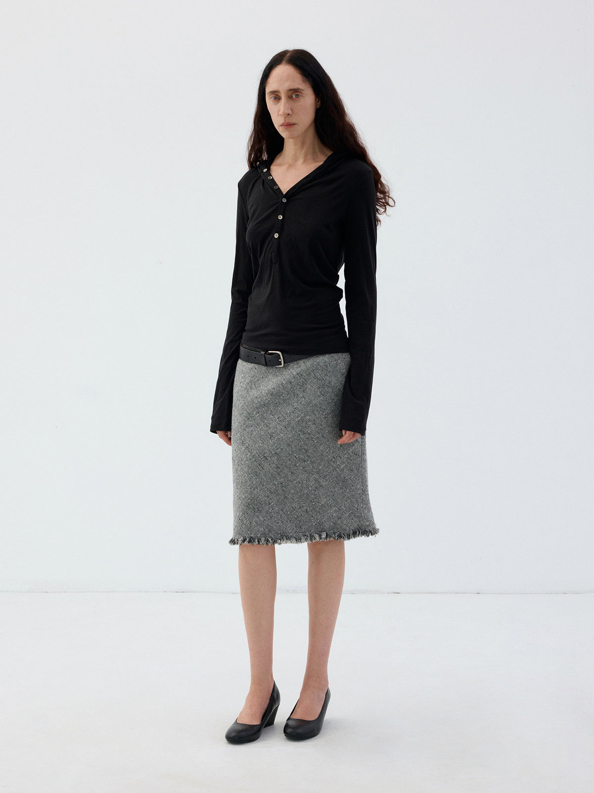 Henry-Collar T-Shirt with Half-Button Hood