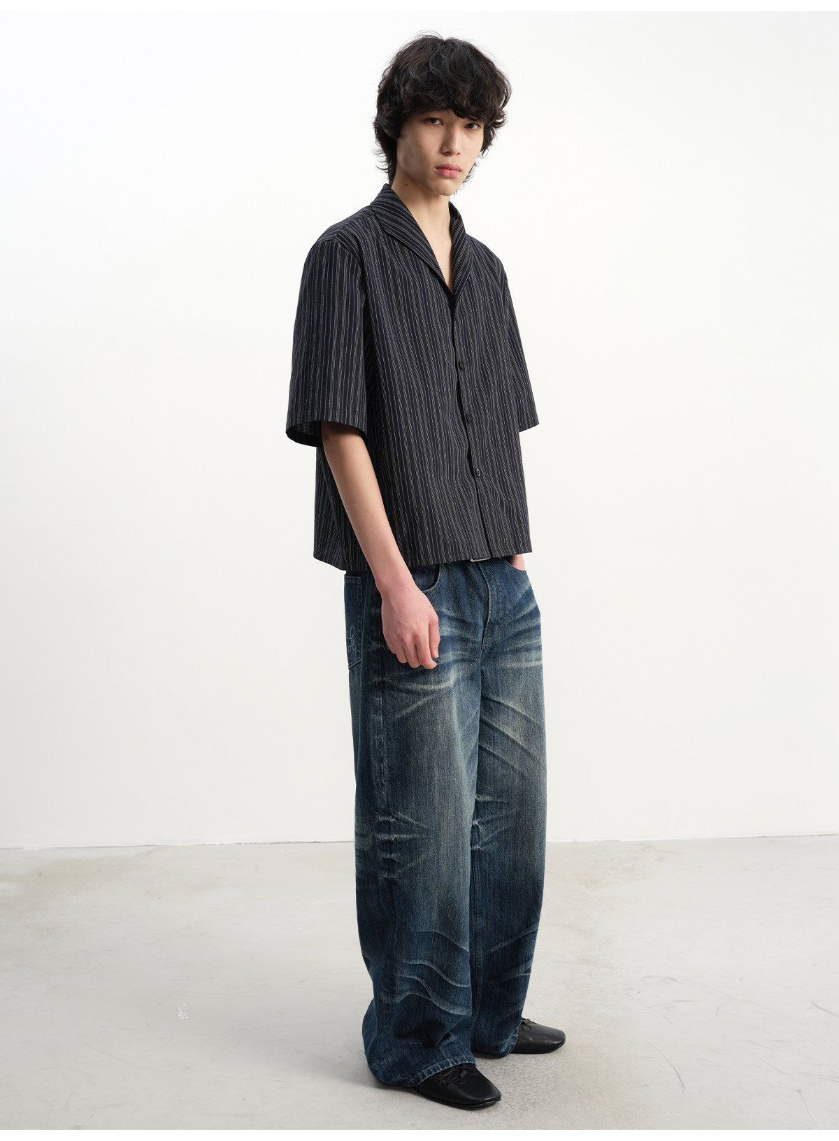 3D Pleated Washed Denim Pants