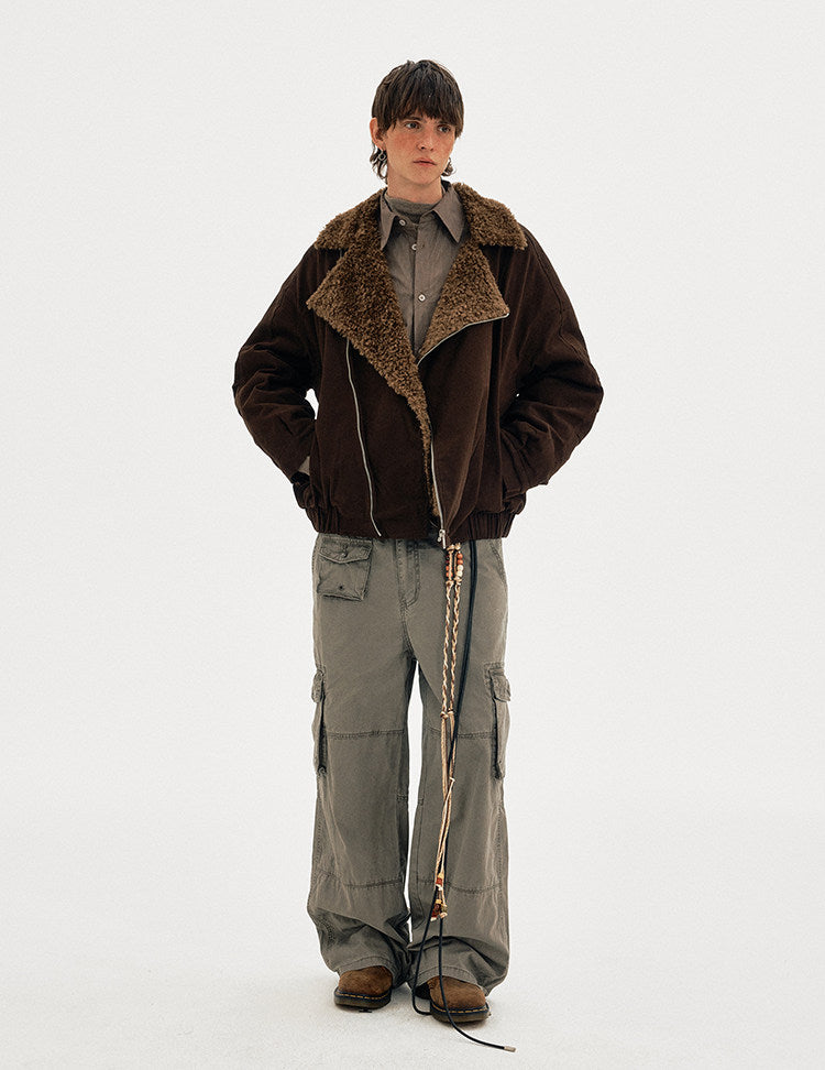 Diagonal Zipper Lambswool Collar Cotton Jacket