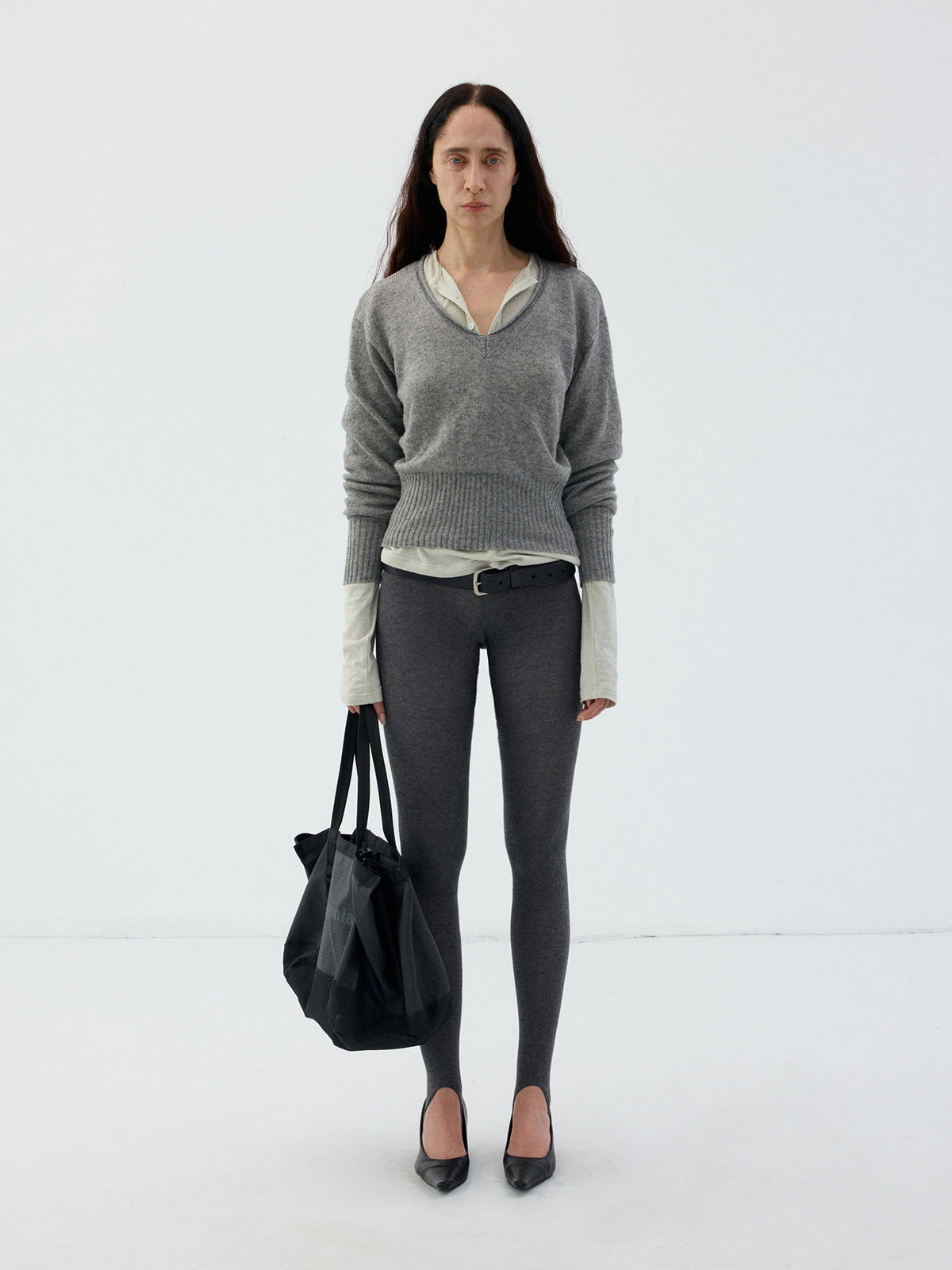 Wool Roll-Sleeve V-Neck Sweater
