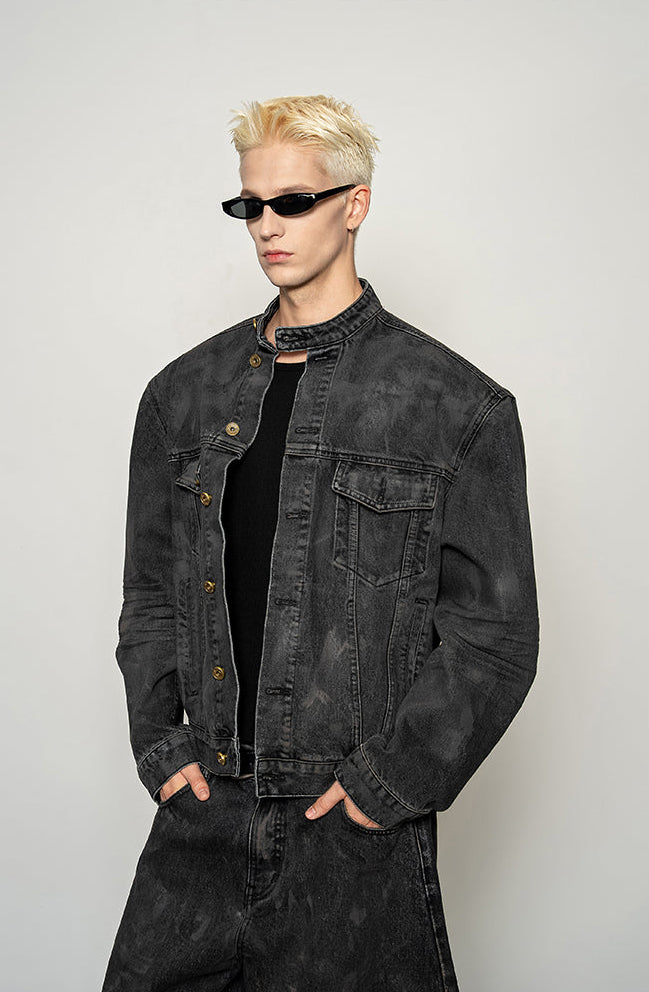 Mud-dyed distressed denim jacket set