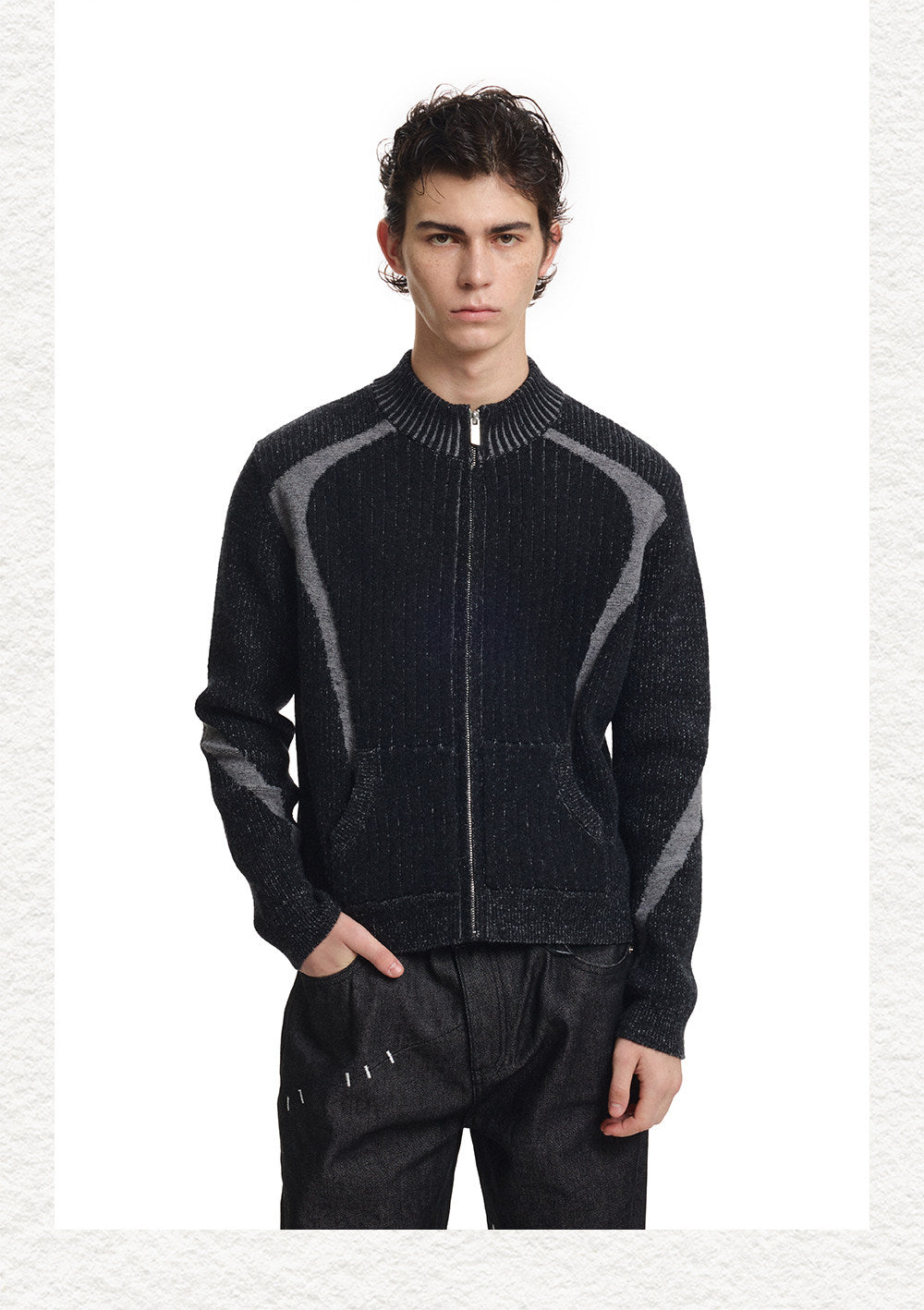 Slim Stand Collar Color-Block Zipper Knit Jacket