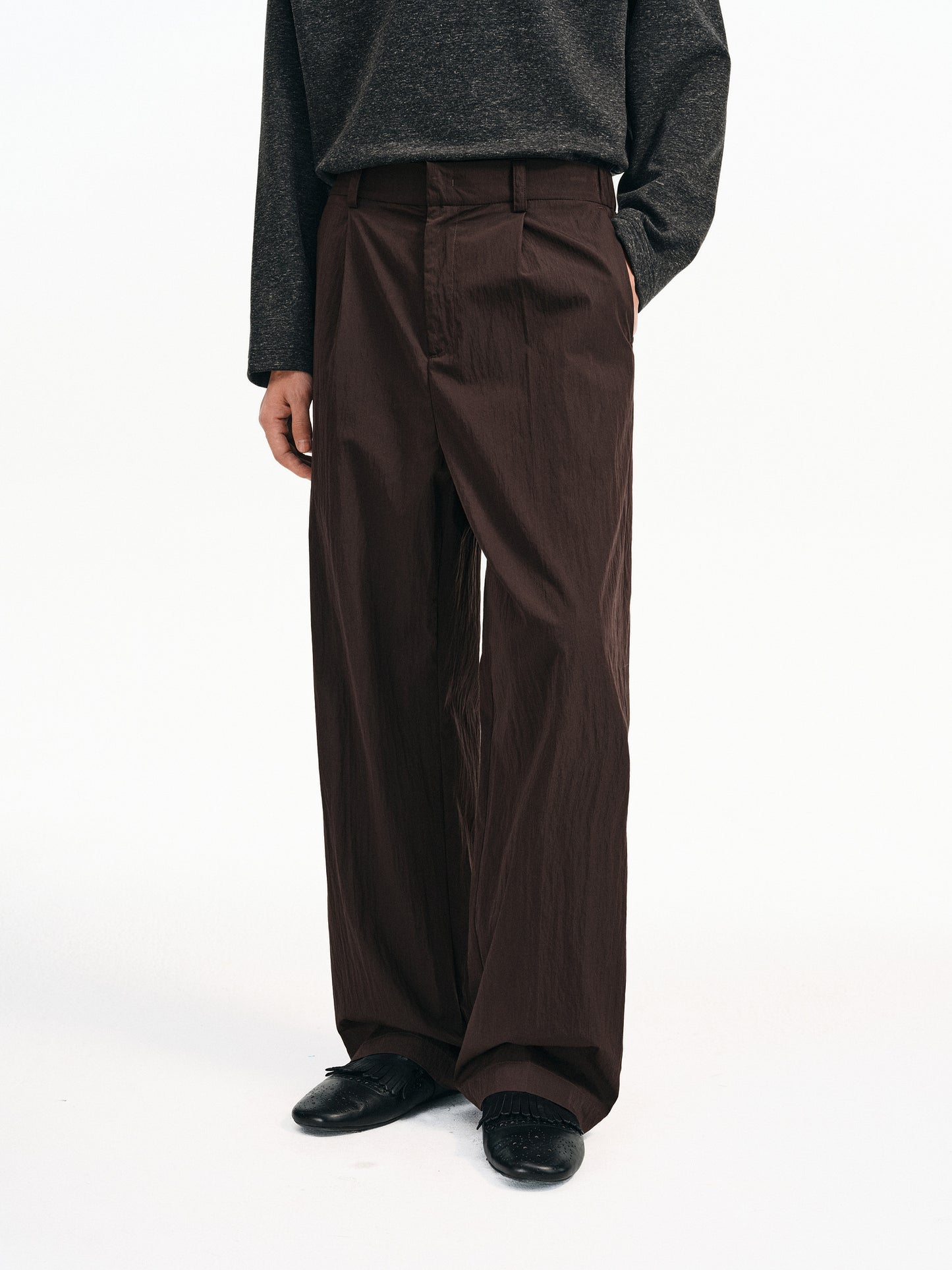 Cotton &amp; Brocade Pleated Casual Pants