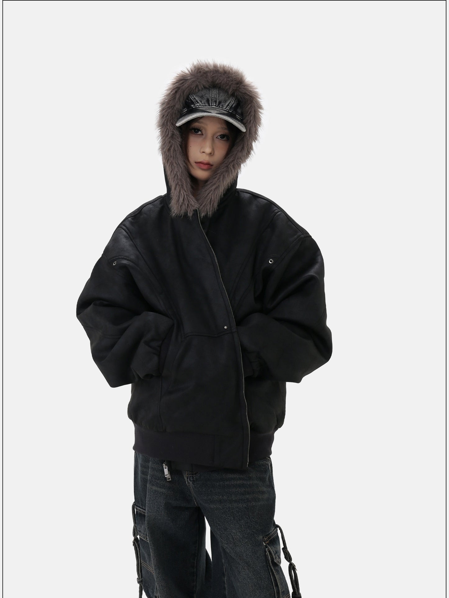 Short jacket with fur lining and hood
