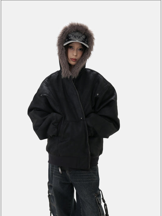 Short jacket with fur lining and hood