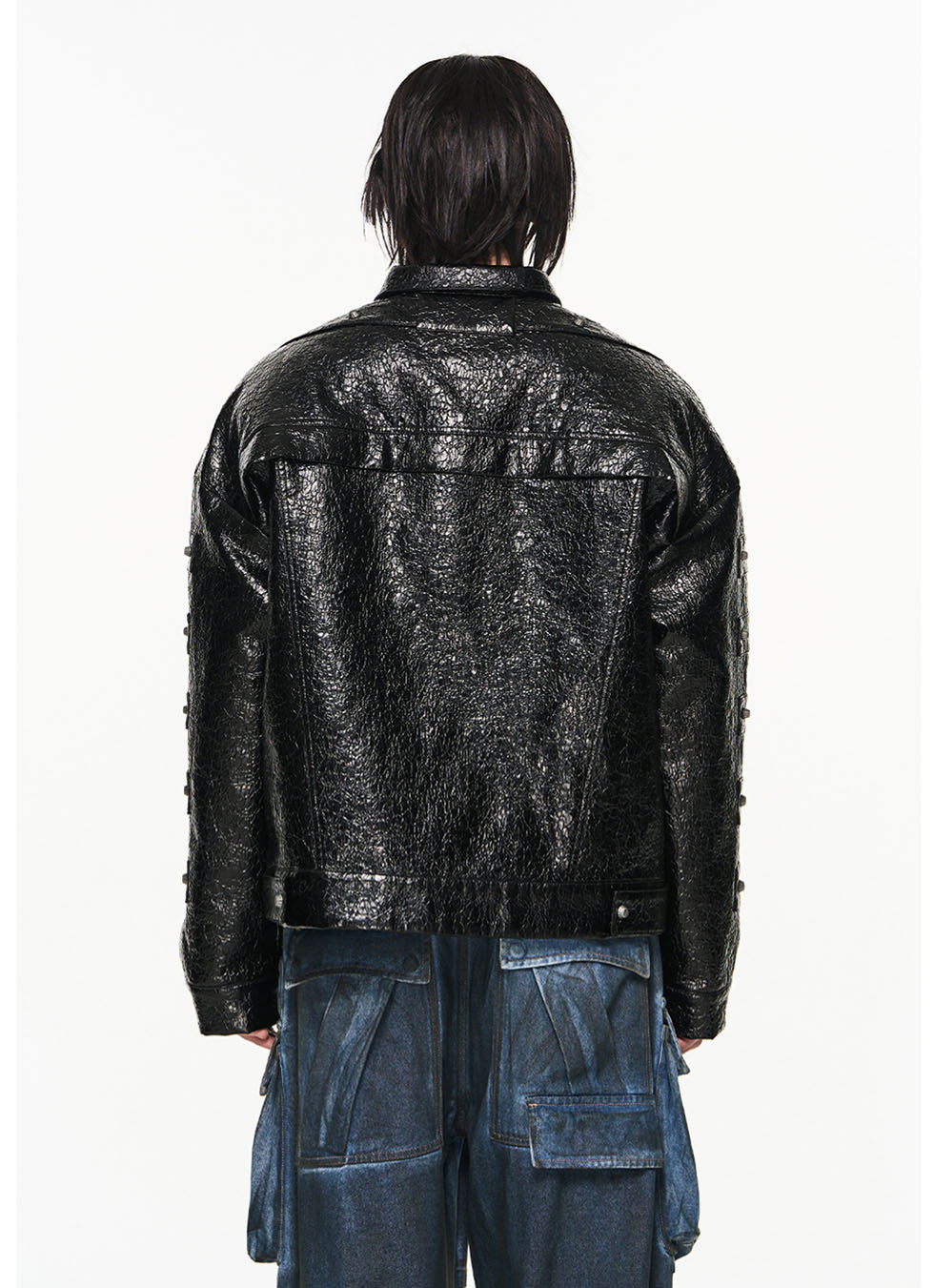 Cracked textured leather riveted lapel cotton jacket