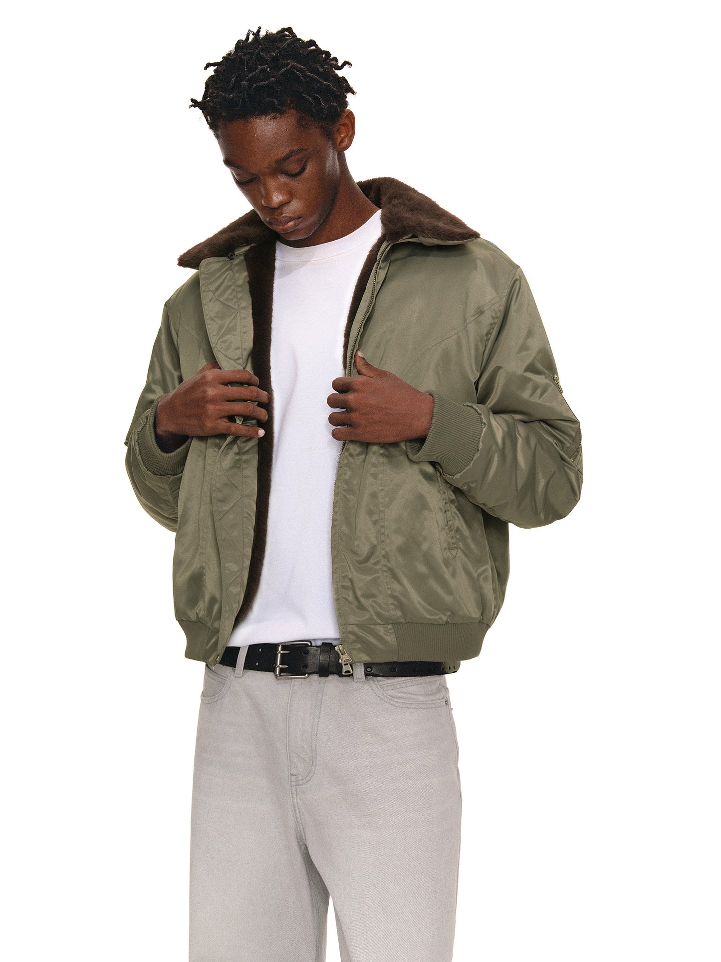 Contrast Fur Collar Bomber Jacket