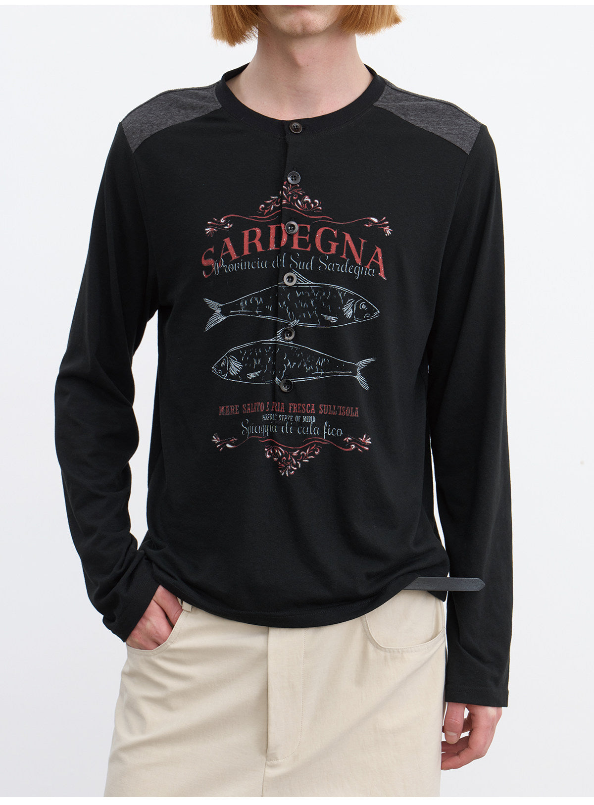 Patchwork Henley-Neck Vintage Print T-Shirt