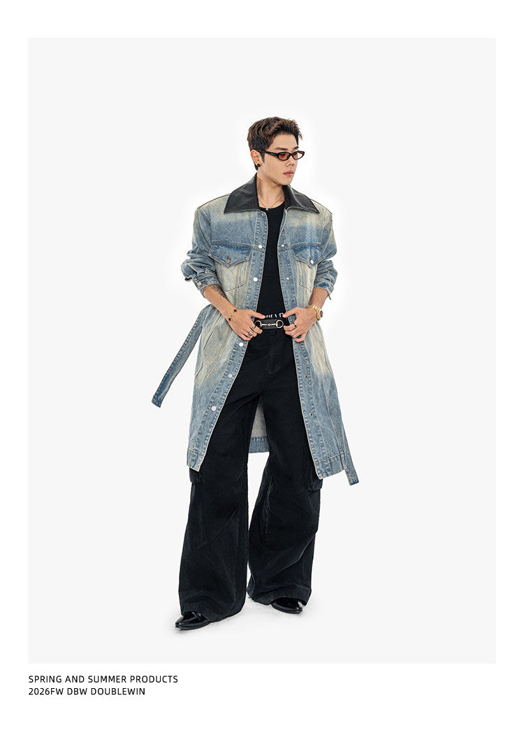 Leather Patchwork Lapel Denim Trench Coat
