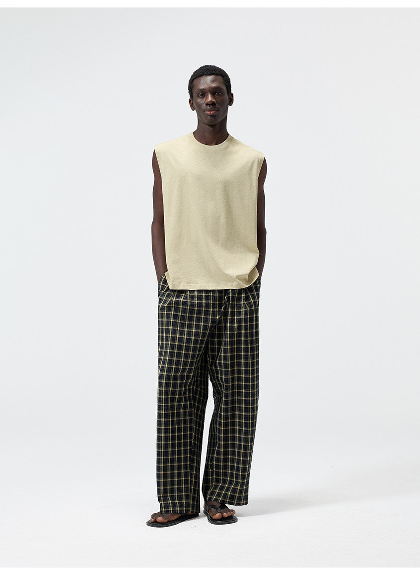 Yarn-Dyed Chiffon Check-Patterned Casual Pants