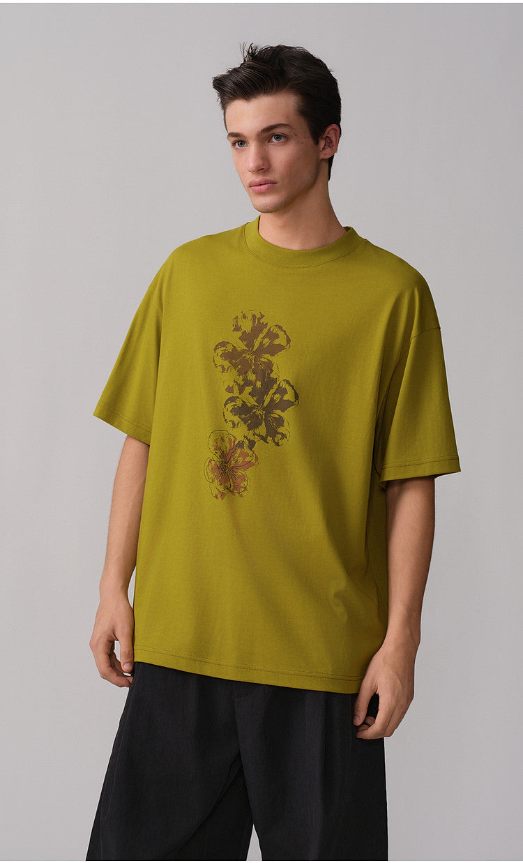 Round-Neck Ribbed Collar Drop-Shoulder T-Shirt