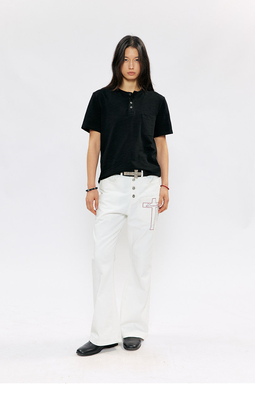 Henry Collar Casual Shoulder Slim T-Shirt