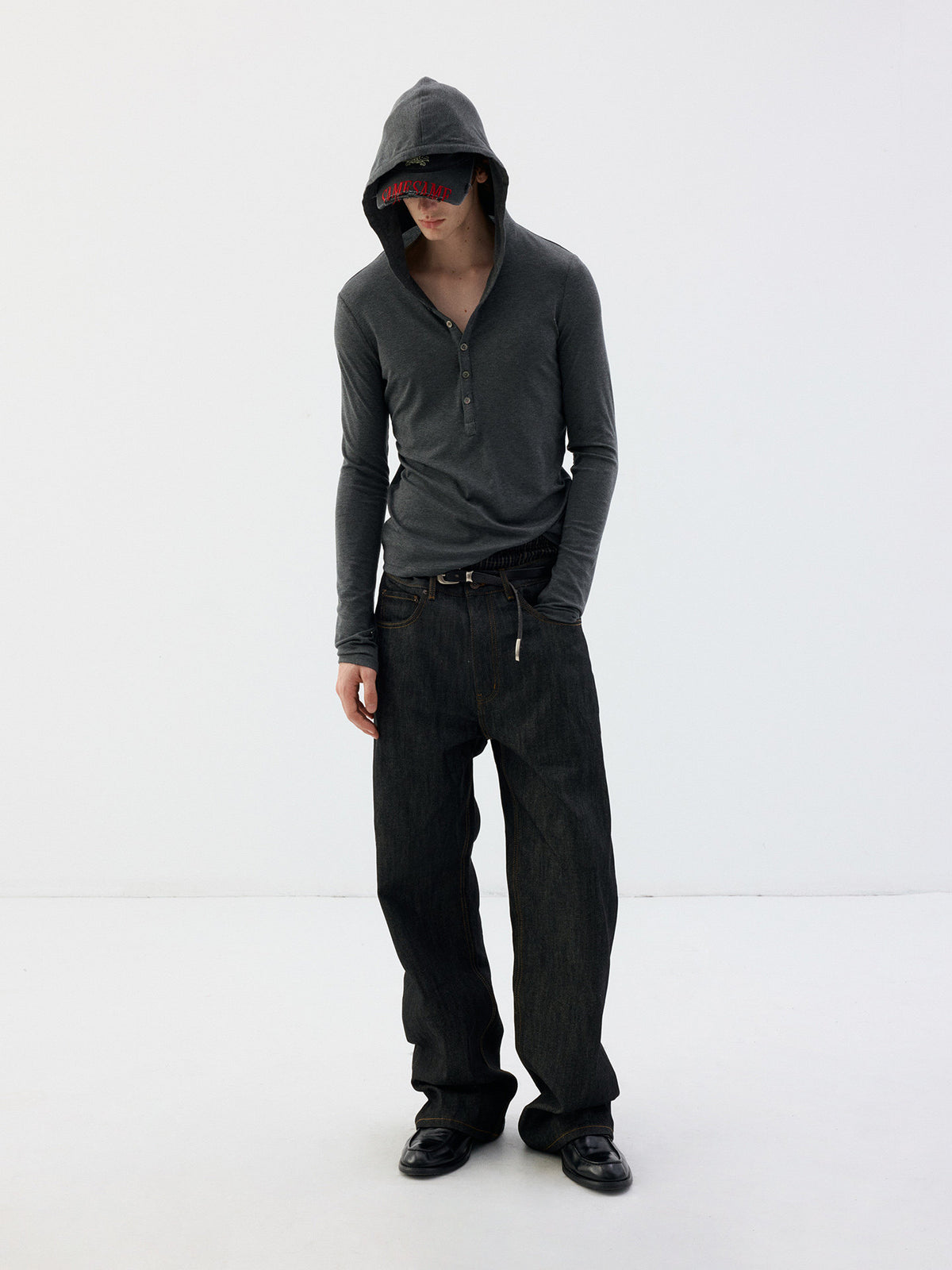 Henry-Collar T-Shirt with Half-Button Hood